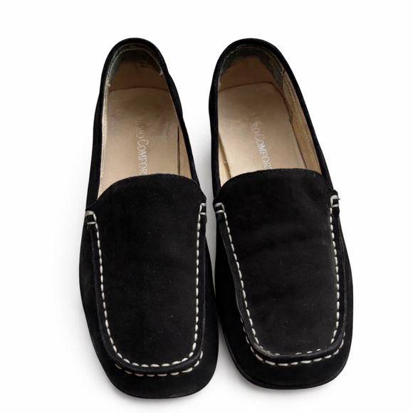 Vero Cuoio Shoes - Vero Comfort Black Leather Slip-On Loafers White Stitching Women 7M Runs Narrow